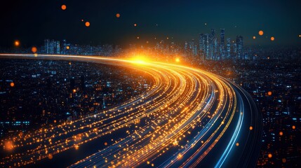 Glowing Data Lines Transmitting Information Over a Cityscape