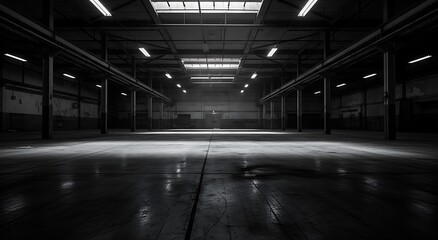 Obraz premium Moody atmospheric black and white perspective view of an empty industrial warehouse interior with overhead lighting and reflections on the floor