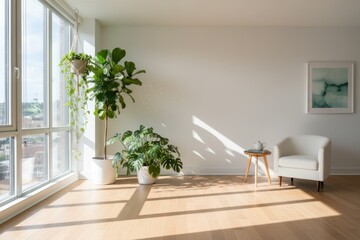 Bright and airy living room featuring large windows, indoor plants, a cozy chair, and a small table, creating a serene and inviting atmosphere with natural light