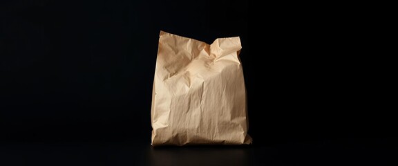 A crumpled brown paper bag against a stark black backdrop,  eco-friendly,  shadow