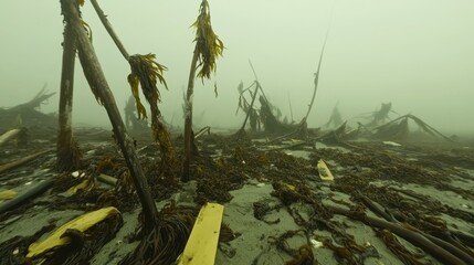 Kelp seaweed and marine detritus washed ashore in a foggy landscape