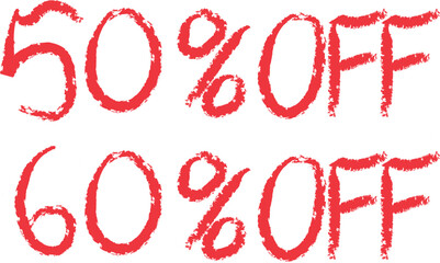 Two handwritten red chalk signs showing fifty percent off and sixty percent off sale promotions.
