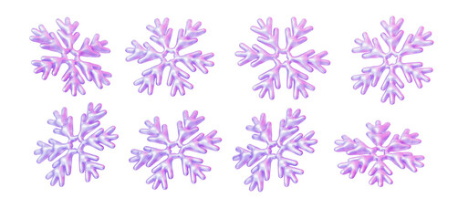3D holographic crystal snowflake set in different angles glossy iridescent ice crystals winter collection with soft purple and pink light. 3D render illustration