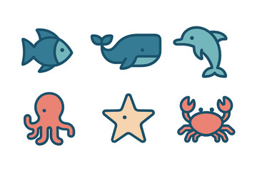 Fototapeta premium Cute marine animals icon set featuring fish whale dolphin octopus starfish and crab