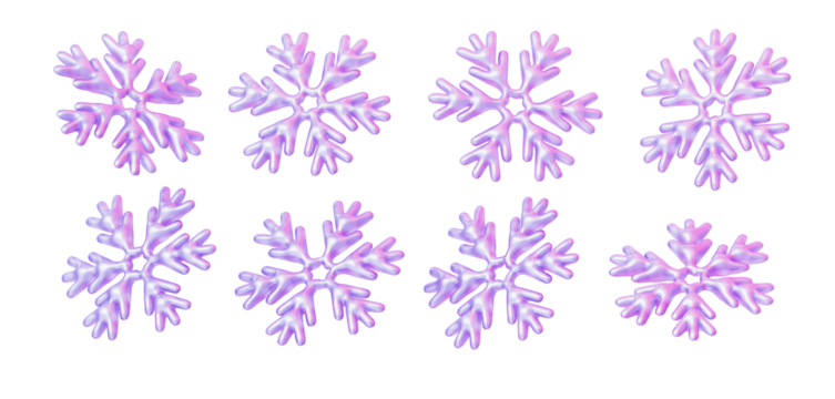 3D holographic crystal snowflake set in different angles glossy iridescent ice crystals winter collection with soft purple and pink light. 3D render illustration