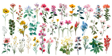 Collection of delicate vintage botanical illustrations of diverse wildflowers and plants © darkheaven