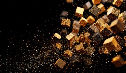 Golden cubes in motion against a black background
