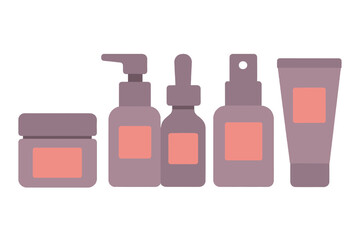 A set of five blank cosmetic containers, including bottles, a jar, and a tube, used for beauty and skincare products mockup template