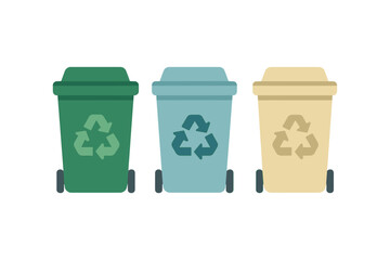 Colorful recycling bins set with wheels and lids for waste sorting and environmental conservation
