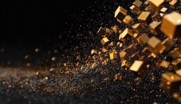 Gold cubes cascade against a dark background - Powered by Adobe