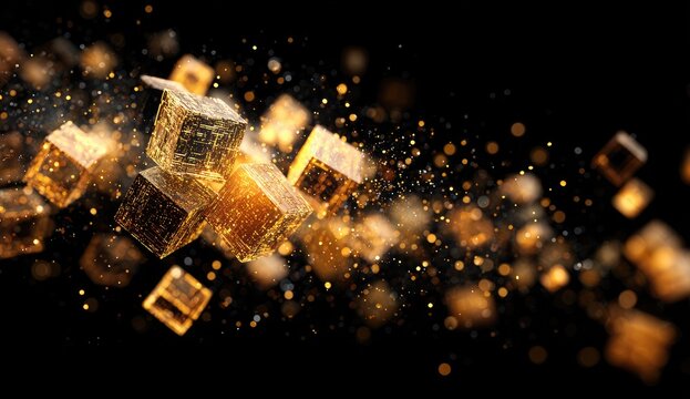 Golden cubes in motion against a dark background