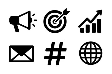 Six essential icons representing business strategy, digital marketing, and global communication concepts
