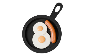 3d frying pan with eggs and sausage icon. breakfast brunch concept. Minimal cartoon egg pan skillet sausage for food app banner. isolated on white background. 3d render.