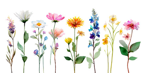 A collection of delicate watercolor illustrations featuring various wildflowers, leaves, and botanical elements, presented isolated on a transparent background for easy design integration.   © darkheaven