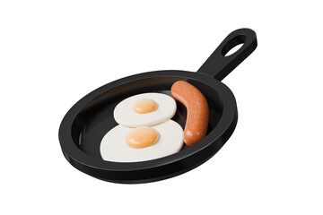 3d frying pan with eggs and sausage icon. breakfast brunch concept. Minimal cartoon egg pan skillet sausage for food app banner. isolated on white background. 3d render.