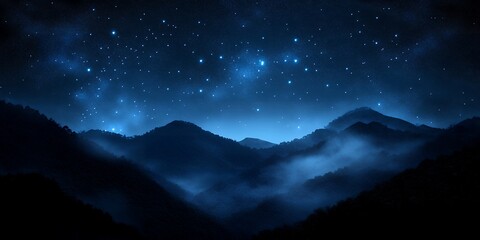 Dark blue misty mountains under a starry night sky with glowing nebulae
