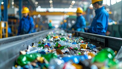 Automated conveyor belt in high-tech recycling facility sorting plastics, metals, and paper waste for reuse. Suitable for marketing or business purposes