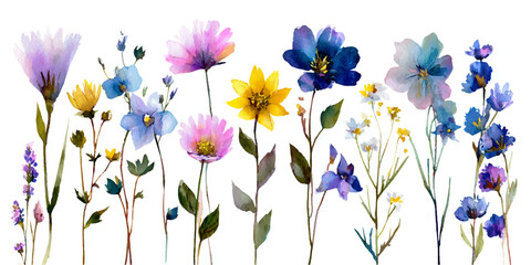 Delicate watercolor wildflowers in a vibrant spectrum of pastel and bright colors on a white background