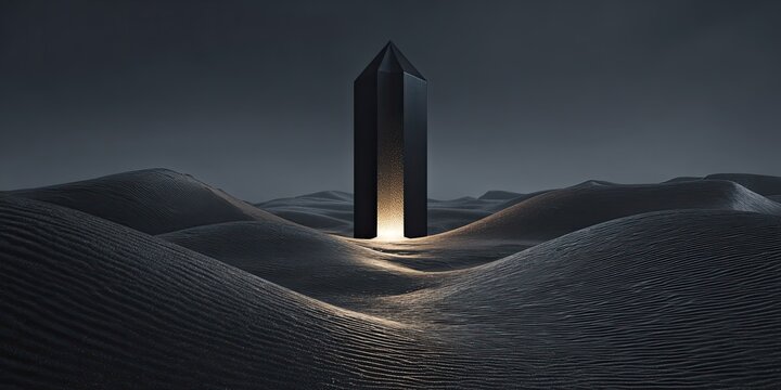 Dark, mysterious obelisk in a desolate desert landscape