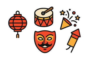 Obraz premium Colorful set of celebration symbols including festive mask, drum, lantern, and fireworks rocket