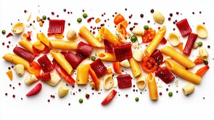 Pasta varieties in creamy tomato sauce on white background