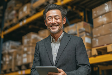 Asian businessman wearing suit standing smiling a happy holding tablet stand in a warehouse of background with copy space.