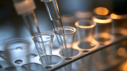 Pipette loading liquid sample into test tubes for lab research