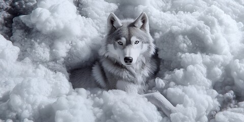 Majestic husky wolf with piercing blue eyes resting comfortably within a soft snowy landscape
