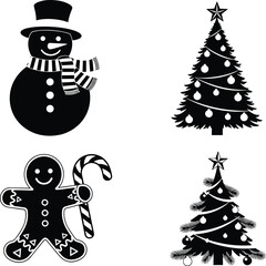 Christmas, Holiday, Festive, Winter, Snowman, Tree, Gingerbread, Candy, Cane, Ornament, Decoration, Celebration, Season, Vector, Illustration, Artwork, Symbol, Icon, Silhouette, Design
