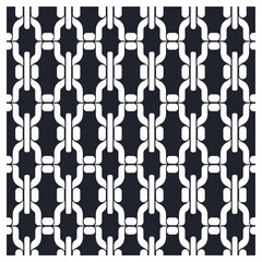 This bold geometric design features interlocking chain links in black and white, creating a structured, symmetrical pattern. The repetitive linking shapes and clean lines form a modern and striking.