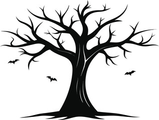 Silhouette of a spooky bare tree with bats flying around it