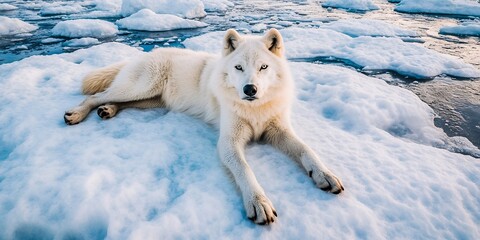White Arctic wolf lying on ice floes surrounded by icy water close up portrait