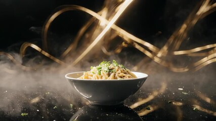 Steaming bowl of noodles with herbs on dark reflective surface and golden abstract background
- Powered by Adobe