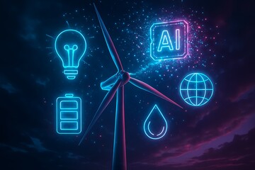 Sustainable energy innovation with glowing wind turbine and AI integration