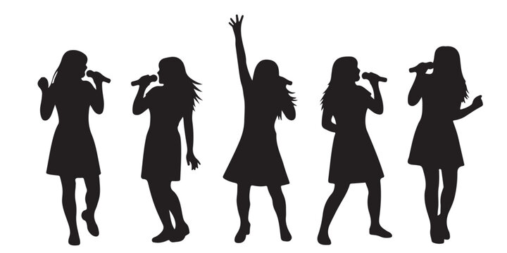 Five female singer silhouettes with microphones Keywords: silhouette, singer, singing