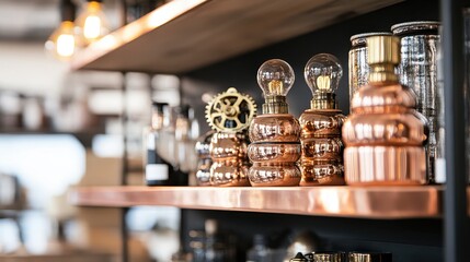 Steampunk inspired perfume bottles displayed on an antique copper shelf