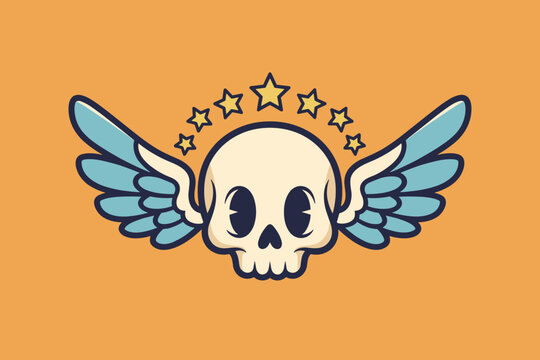Cartoon Skull with Wings and Stars Illustration.