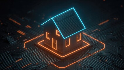 Illuminated house icon on a circuit board