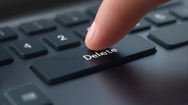 Pressing delete key on laptop keyboard for data removal and file deletion concept and computer keyboard use