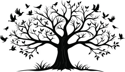 Silhouette of a large tree with many birds flying around it