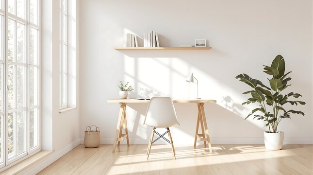 Bright home office setup with desk chair plant and natural light for remote work and study space