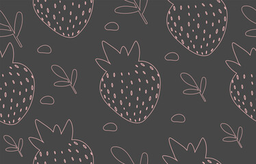 Dark Charcoal Strawberry Doodle Pattern. Trendy Seamless Vector Background for Fashion or Home Decor.