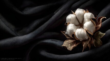 Elegant cotton flower on a luxurious black textile background, perfect for organic fashion or sustainable living campaigns needing a touch of natural beauty