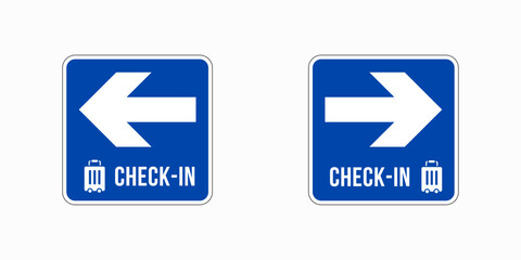 Airport check-in direction signs. Two blue information boards with arrows pointing left and right, showing baggage check-in directions. Clear, easy-to-read wayfinding symbols for terminal navigation, 