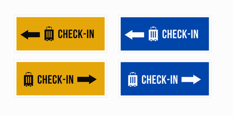 Airport check-in direction signs with arrows left and right. Blue and yellow baggage check-in wayfinding boards for passenger guidance, terminal navigation, and travel signage design.
