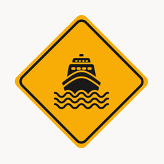 Yellow diamond hazard warning sign with ship icon | Safety warning for large boat on water waves | Black silhouette of cruise ship in orange cautionary symbol