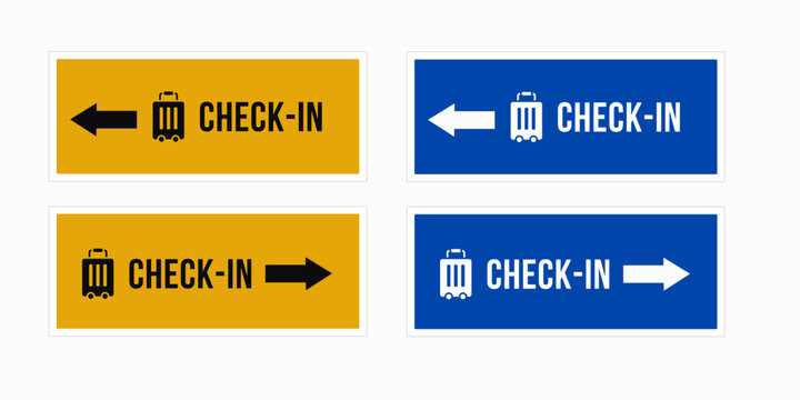 Airport check-in direction signs with arrows left and right. Blue and yellow baggage check-in wayfinding boards for passenger guidance, terminal navigation, and travel signage design.