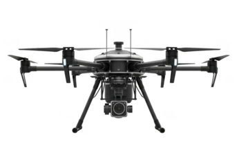 Black drone isolated on transparent background, a versatile aerial vehicle for photography, surveillance, and exploration, showcasing advanced technology