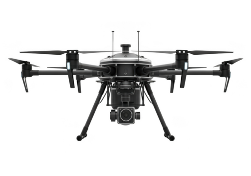 Black drone isolated on transparent background, a versatile aerial vehicle for photography, surveillance, and exploration, showcasing advanced technology