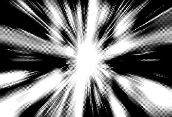 Illustration in a manga style features bold black and white colors, dynamic radial lines, and halftone dots, creating an explosive burst effect with abstract shapes radiating from the center.
